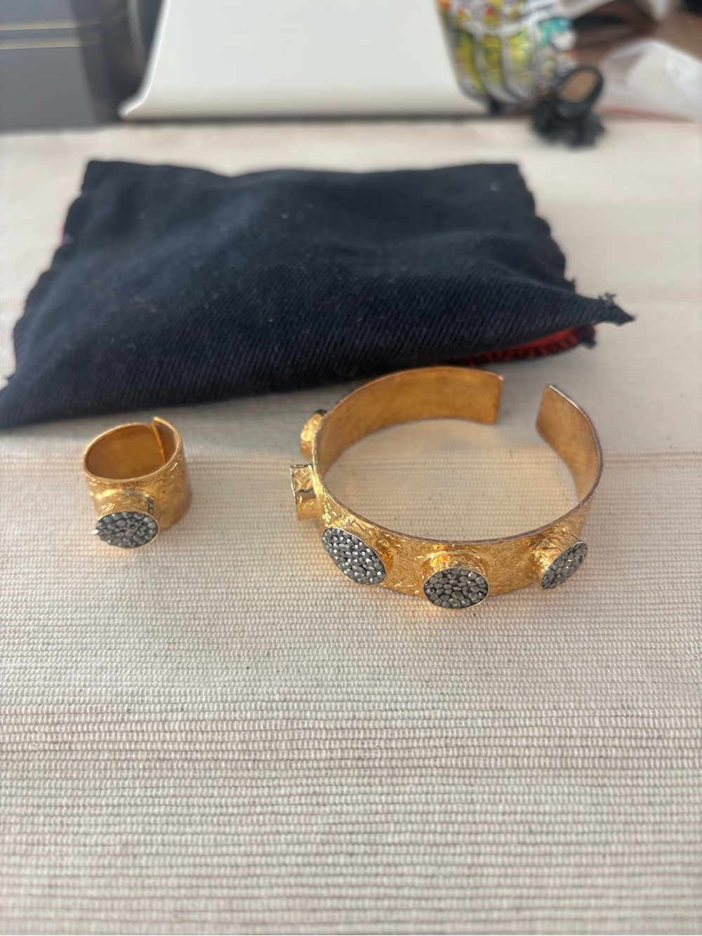 Vintage Gold-Tone Accent Cuff Bracelet and Ring Set